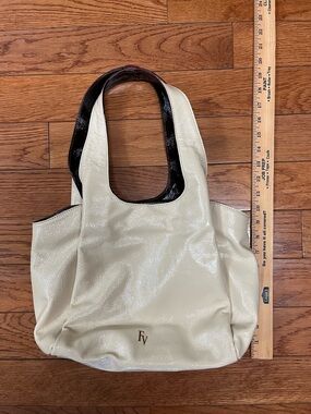 Frances Valentine Cream Patent Tote with Burgundy Handles